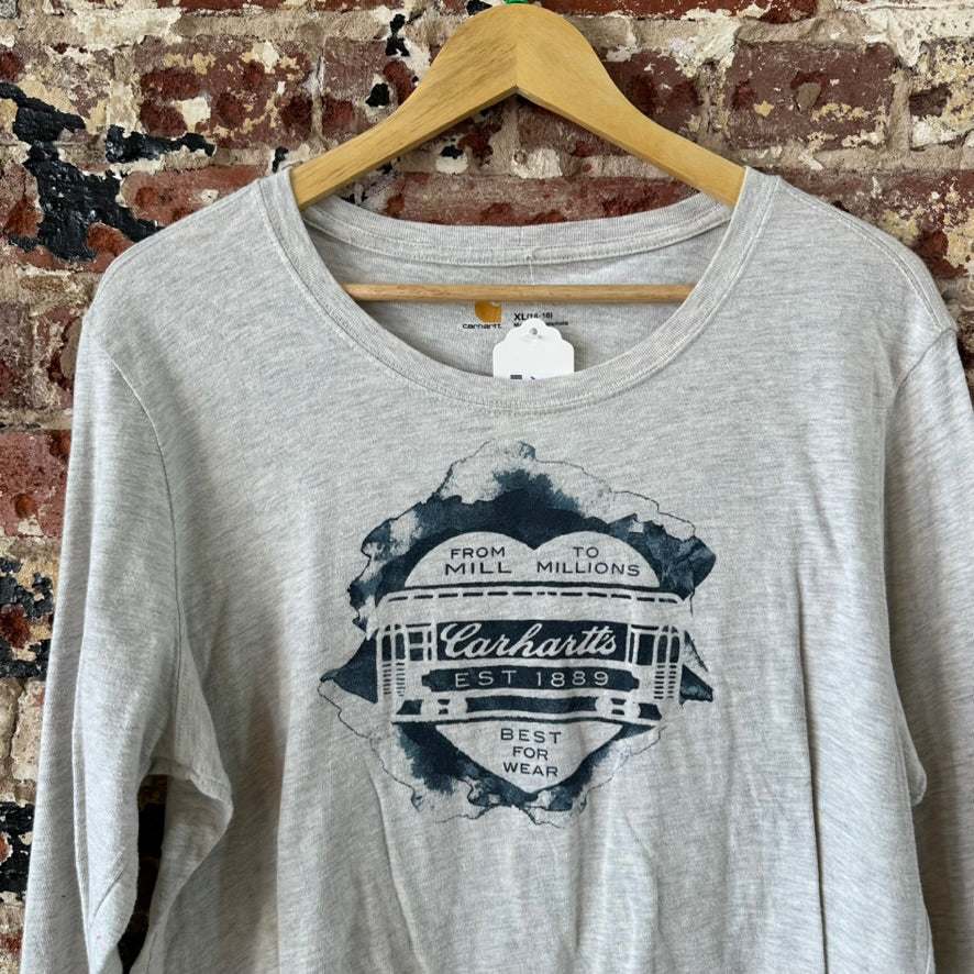 Carhartt T-Shirt Womens XL Long sleeve Work casual Gray Blue Front Logo
