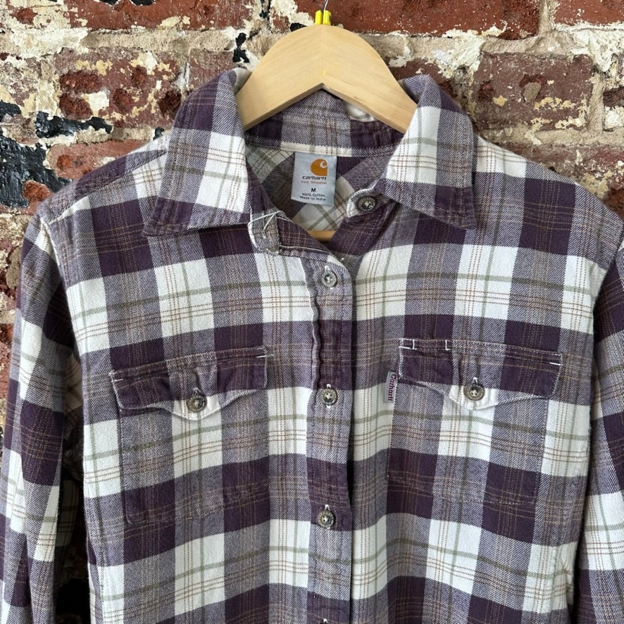 Carhartt Womens Medium Button Up Flannel Shirt Purple Plaid long sleeve