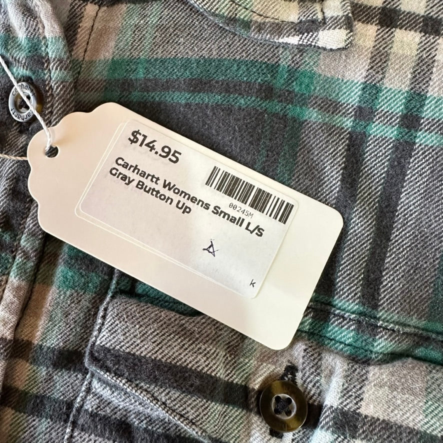 Carhartt Womens Small Button Up Flannel Shirt Gray Green Plaid long sleeve