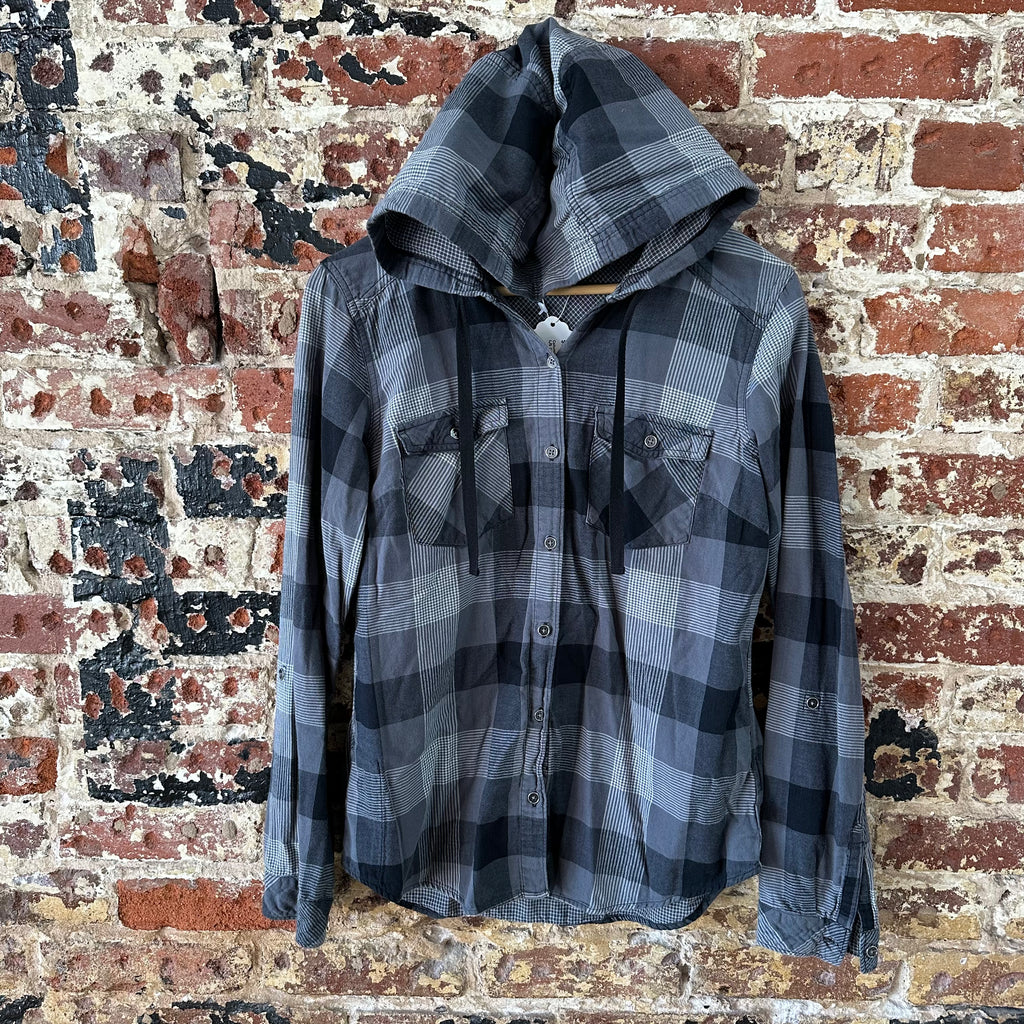 Columbia Shirt Womens Medium Long Sleeve Button Up Gray Black Hooded