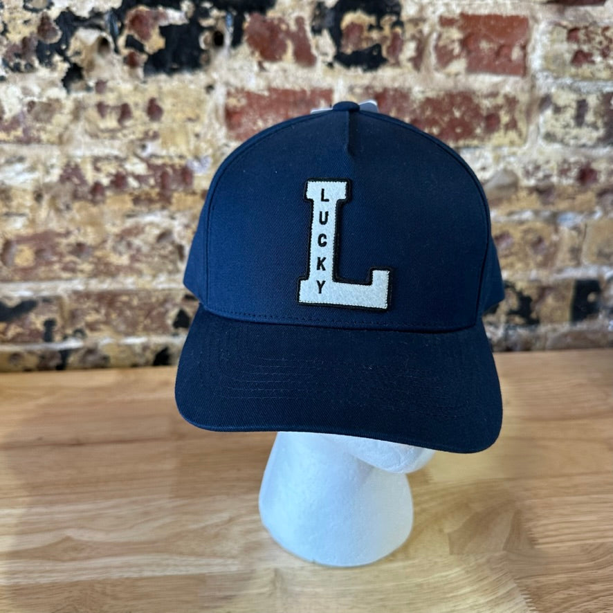 Lucky Brand Mens Navy Blue Lucky L Patch Snapback Baseball Hat New