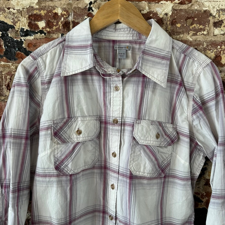 Carhartt Womens Medium Button Shirt 3/4 Sleeve Button Up Workwear White plaid