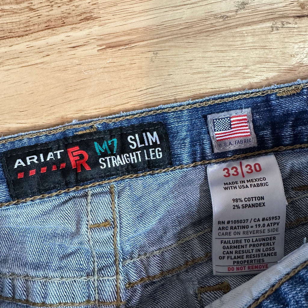 Ariat FR Jeans Men's 35x23.5 M7 Slim Straight Blue denim *HEMMED