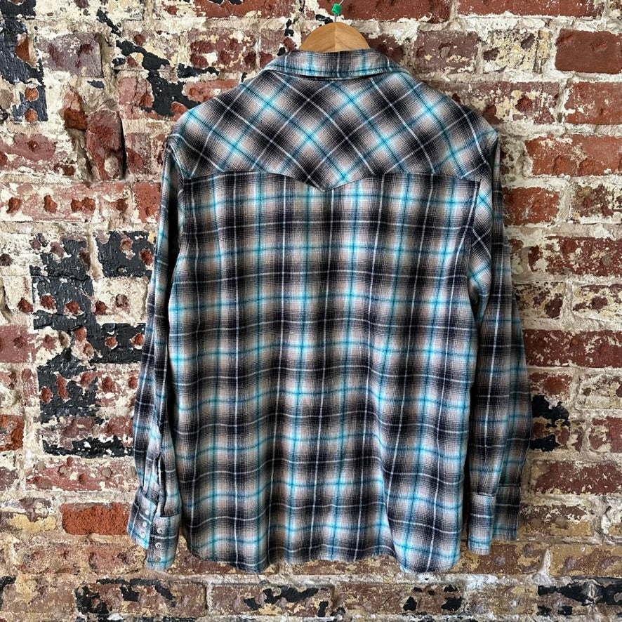 Wrangler Wrancher Flannel Shirt Mens XL Pearl Snap Button Long Sleeve Plaid