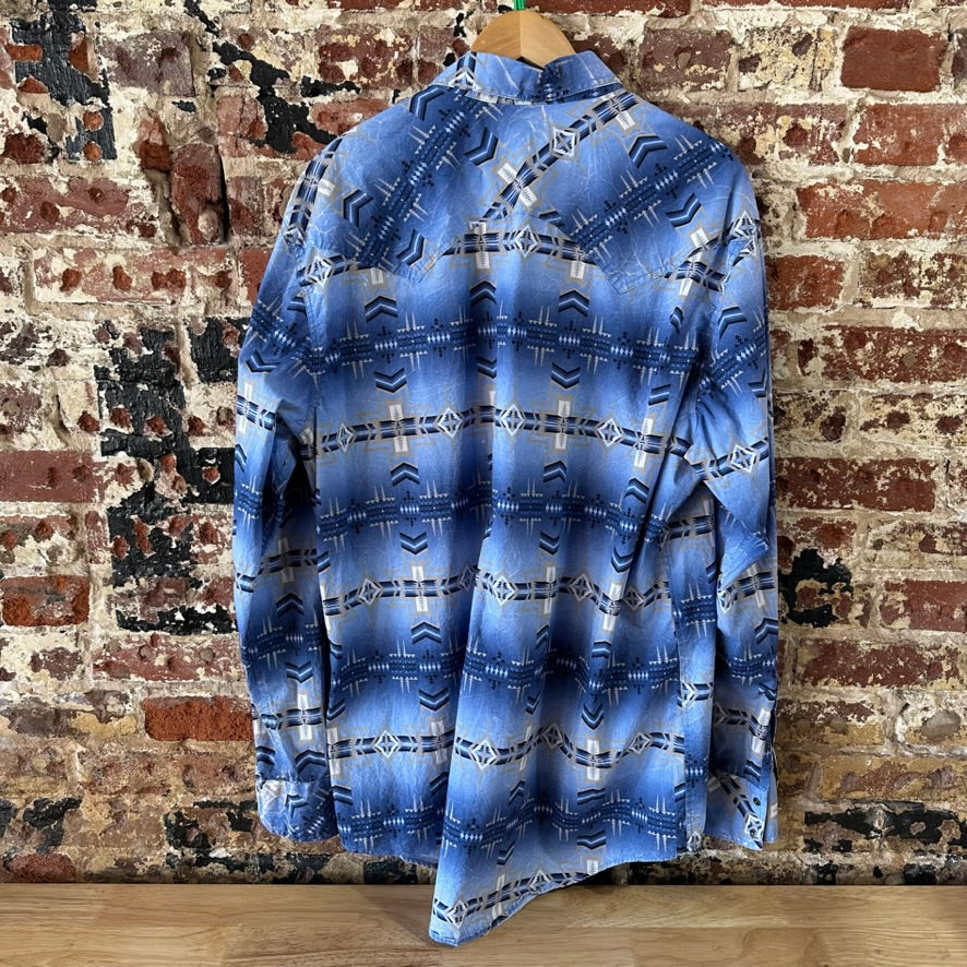 Rock N Roll Shirt Mens XL Long Sleeve Western Aztec Pearl Snap Southwestern Blue