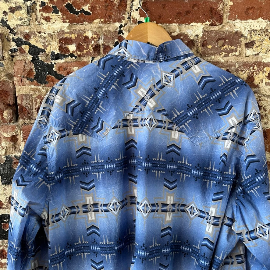 Rock N Roll Shirt Mens XL Long Sleeve Western Aztec Pearl Snap Southwestern Blue