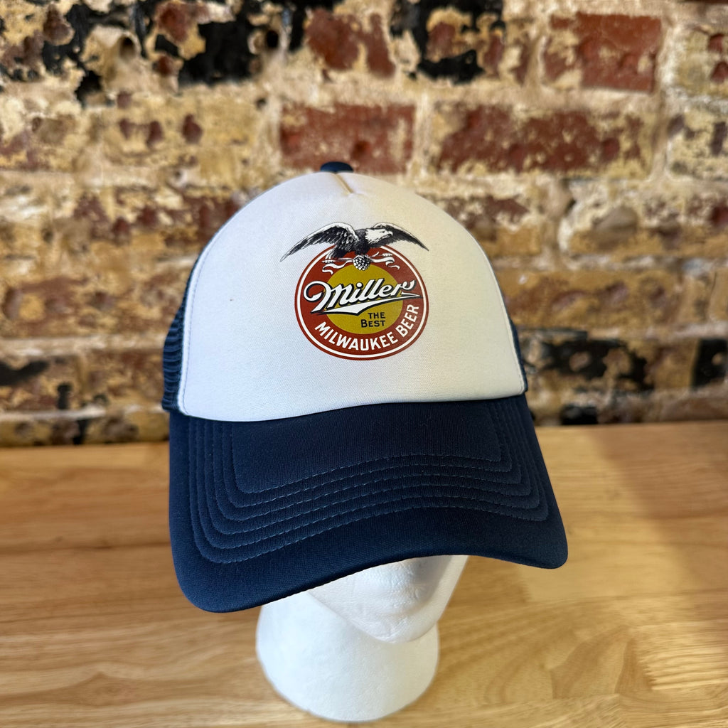 Lucky Brand Miller Milwaukee Beer Trucker Hat Navy Blue White Snapback Cap NEW