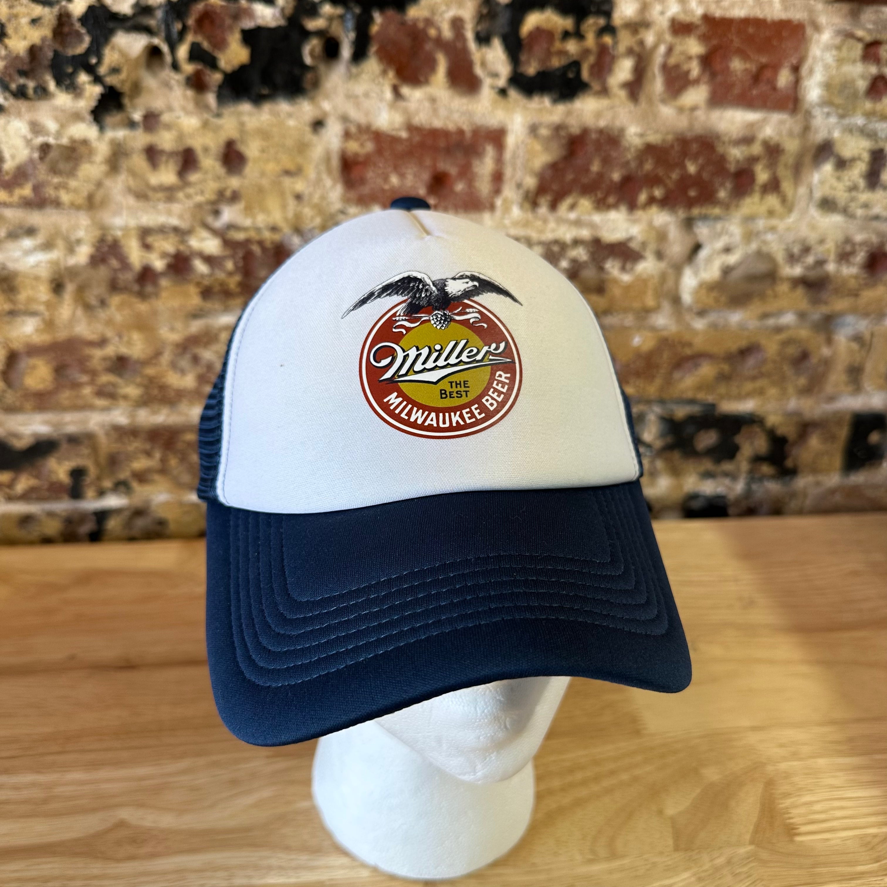 Lucky Brand Miller Milwaukee Beer Trucker Hat Navy Blue White Snapback Cap NEW