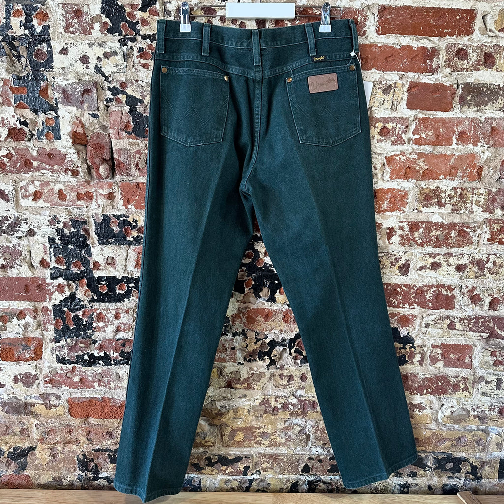 VTG Wrangler Mens Green Denim Pants Sz 34x30 Jeans Straight Leg Made in USA 936