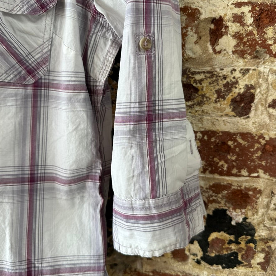 Carhartt Womens Medium Button Shirt 3/4 Sleeve Button Up Workwear White plaid