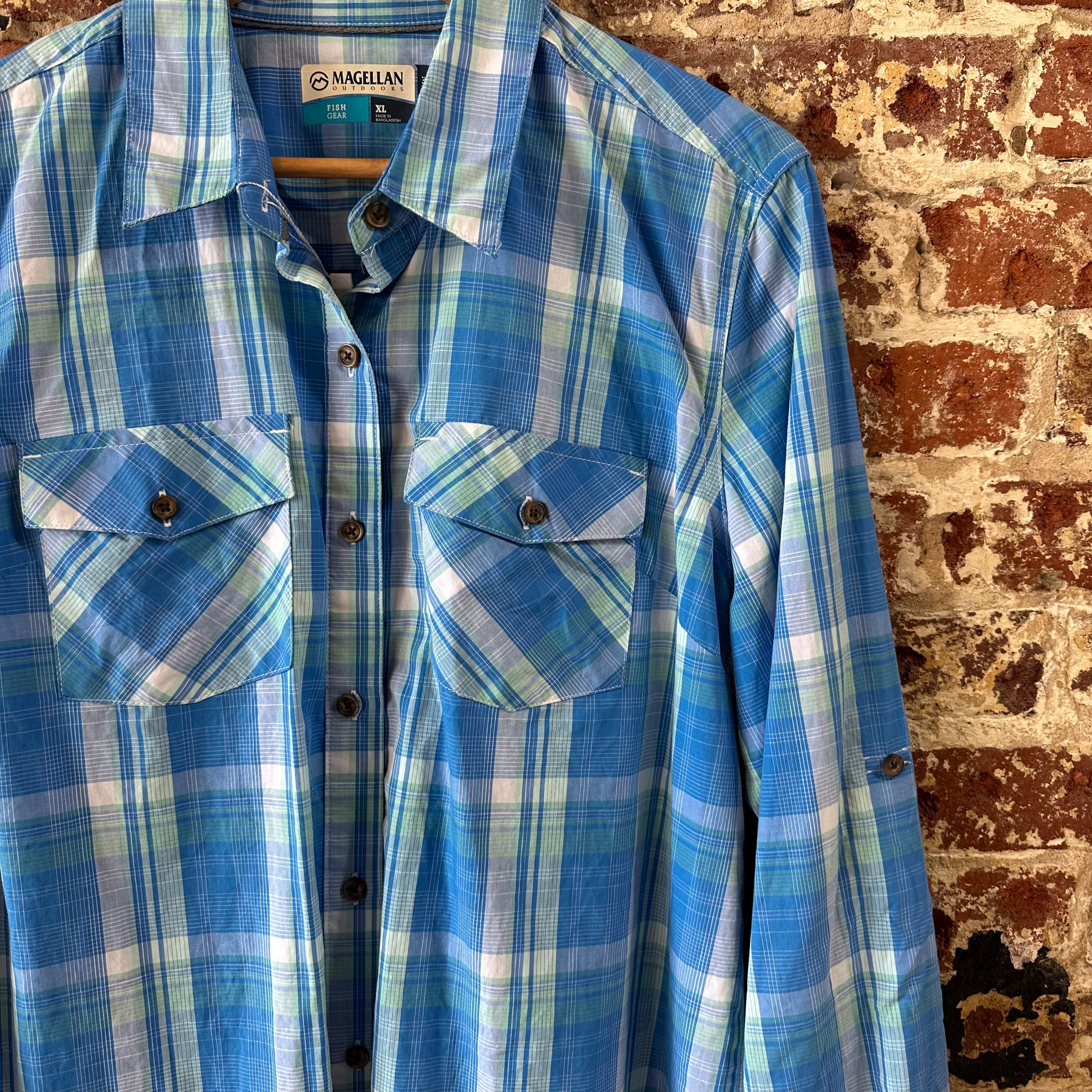 Magellan Womens XL Long Sleeve Button Shirt Blue Plaid Roll Tab Sleeves