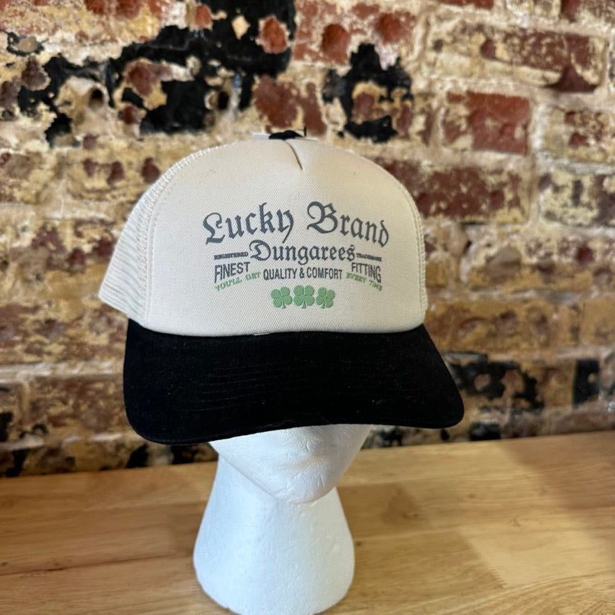 Lucky Brand Dungarees Trucker Hat Cream Black Snapback Mesh Cap NWT