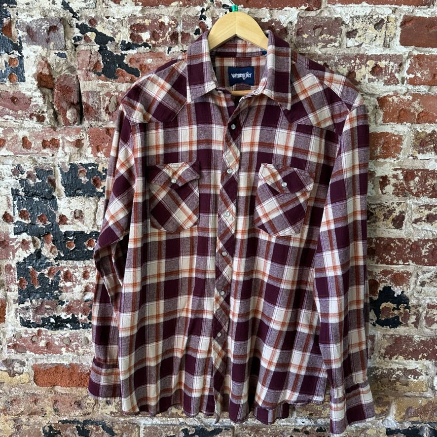 Wrangler Flannel Shirt Mens XL Pearl Snap Button Long Sleeve Brown Plaid
