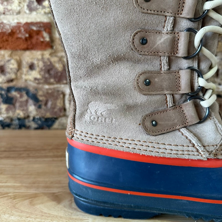 Sorel Joan Of Arctic Faux Fur Trimmed Leather Lace Up Boots Size 7 Tan Blue