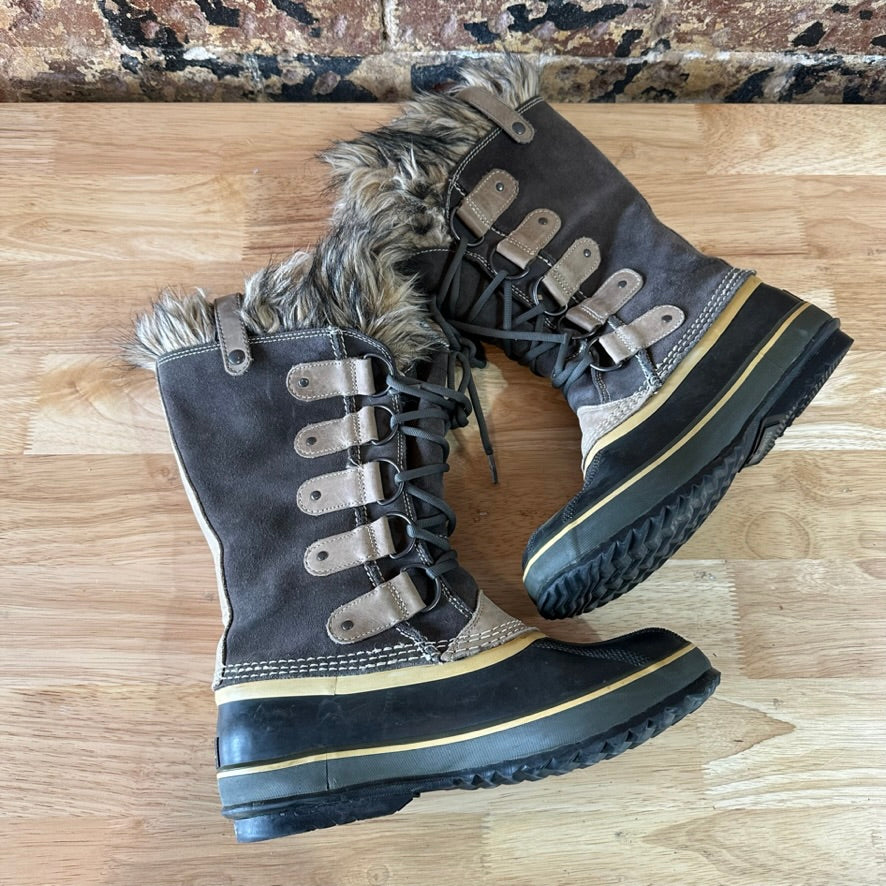 Sorel Joan Of Arctic Faux Fur Trimmed Leather Lace Up Boots Size 9 Gray