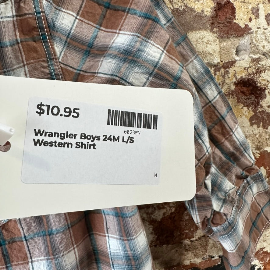 Wrangler Button Up Plaid Pearl Snap long Sleeve Shirt 24M western brown plaid