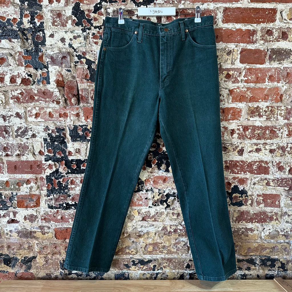 VTG Wrangler Mens Green Denim Pants Sz 34x30 Jeans Straight Leg Made in USA 936