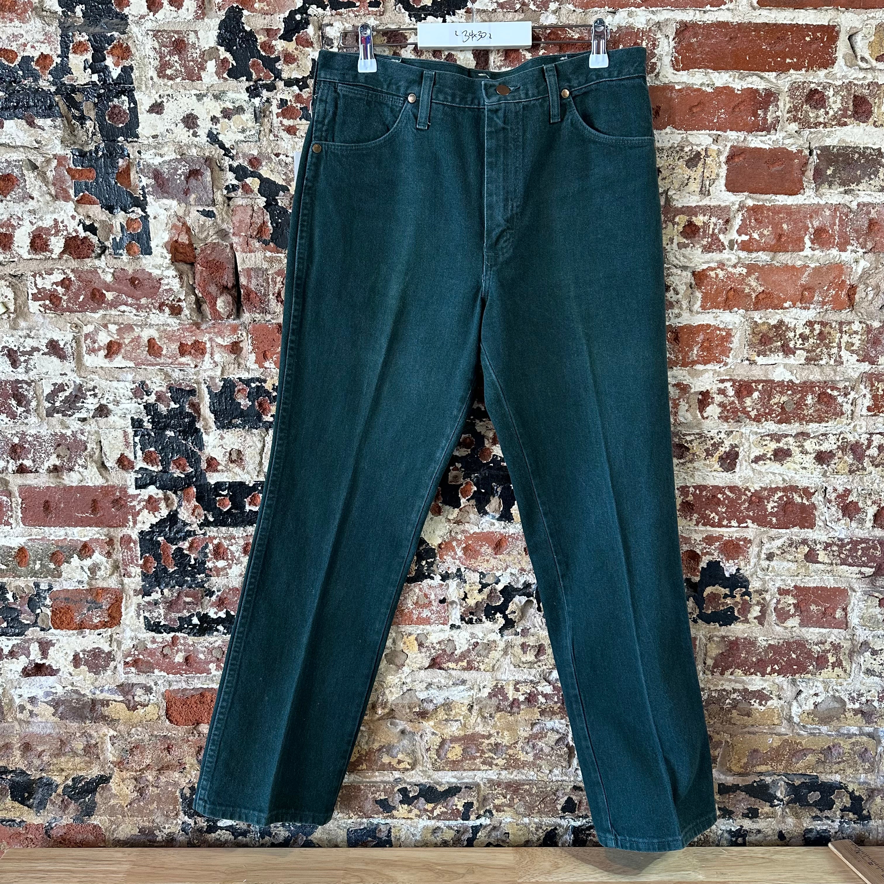 VTG Wrangler Mens Green Denim Pants Sz 34x30 Jeans Straight Leg Made in USA 936