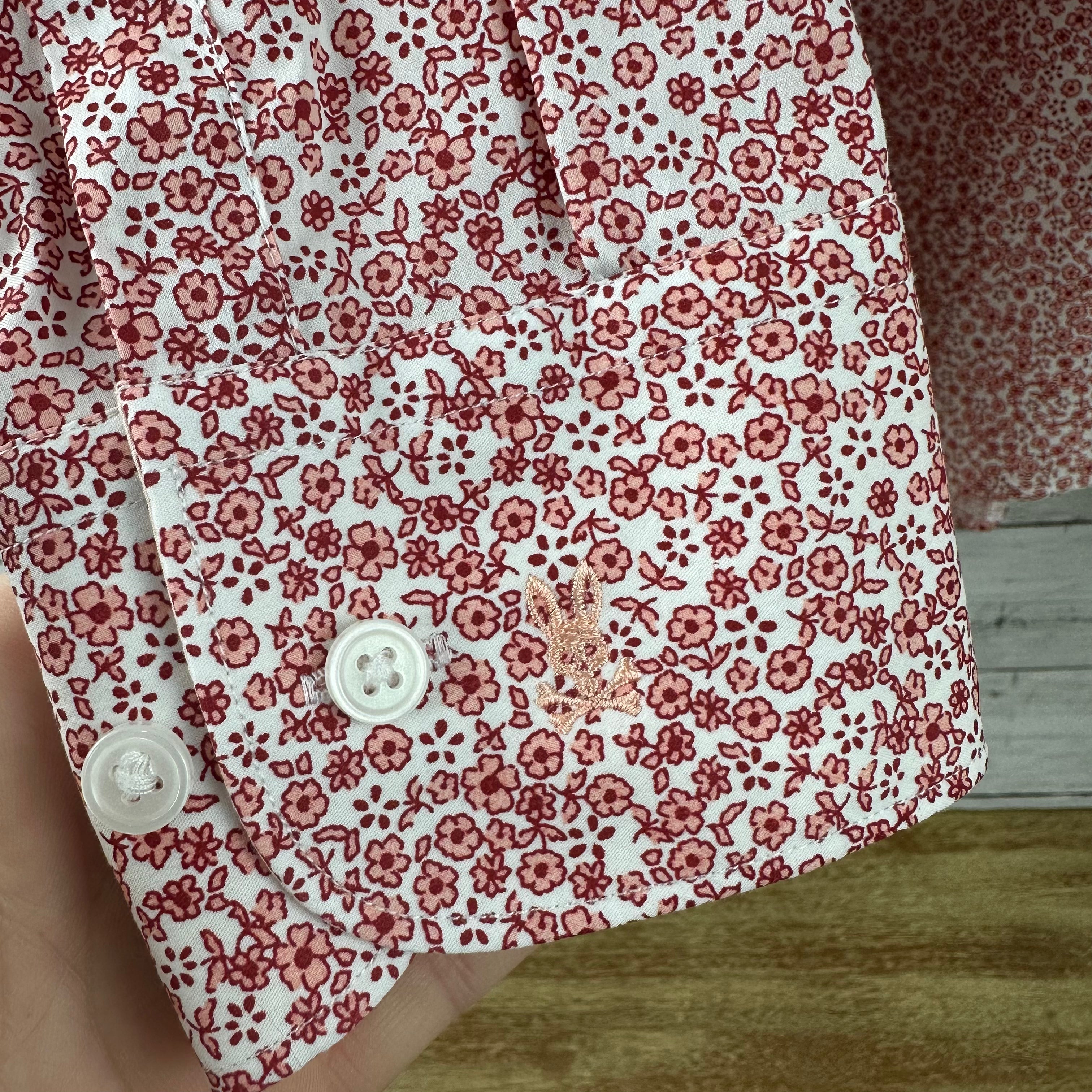 Psycho Bunny Shirt Mens 16.5 34/35 Red White Floral Stretch Slim Fit Button Up