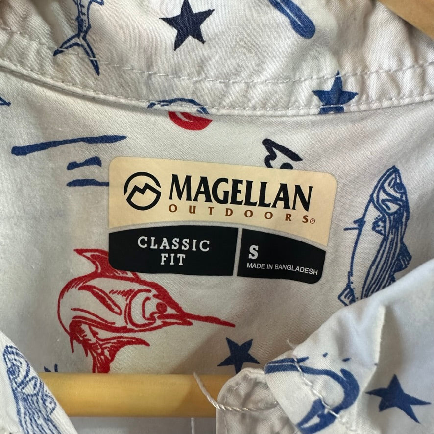 Magellan Shirt Mens Small Short Sleeve Button Down Fish Gear 4th of July
