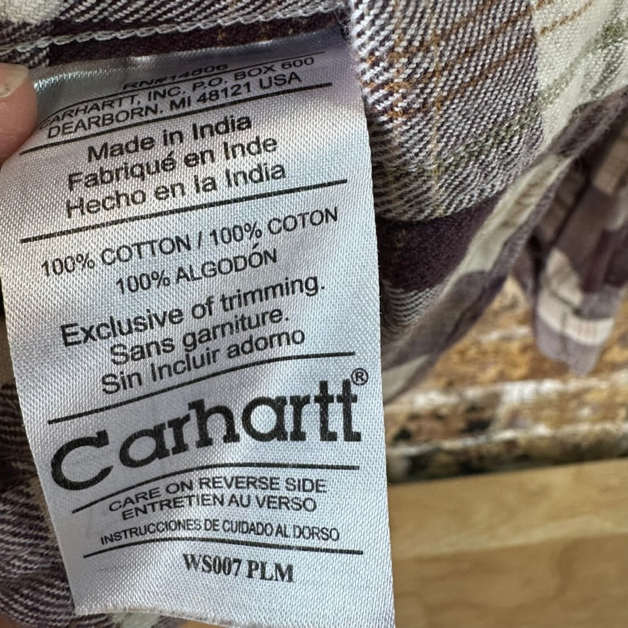Carhartt Womens Medium Button Up Flannel Shirt Purple Plaid long sleeve