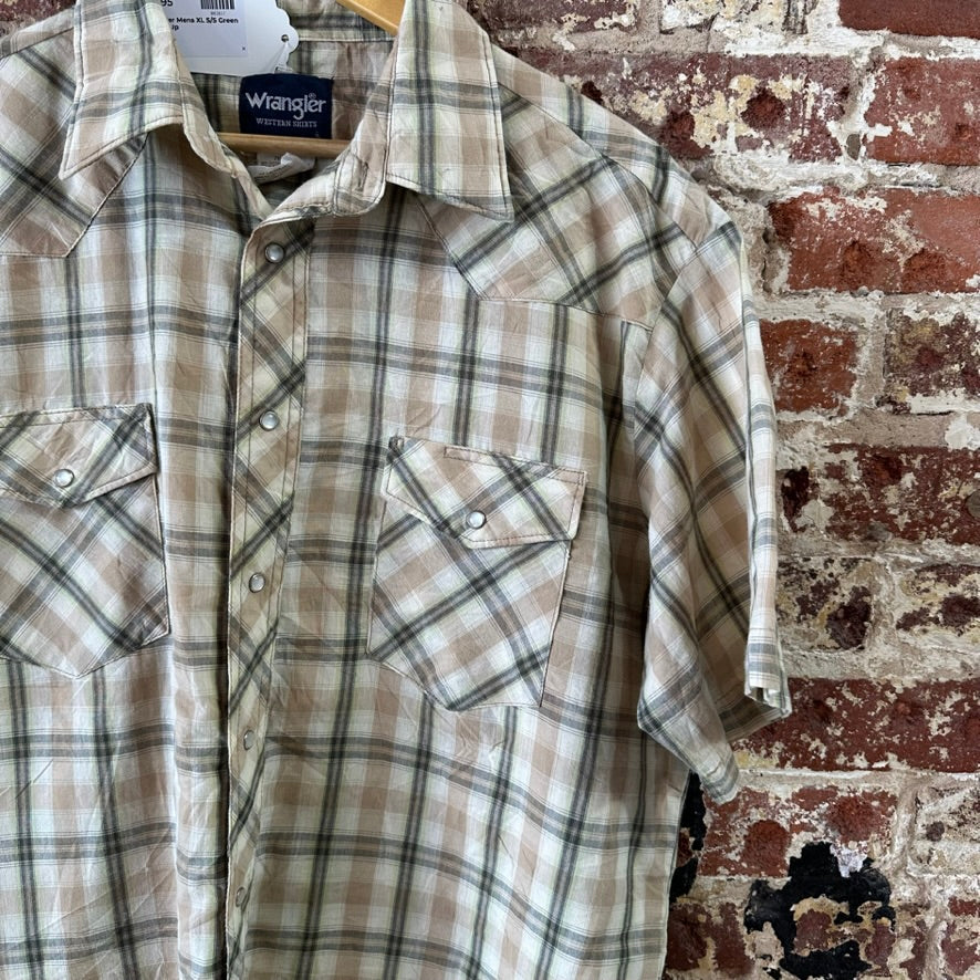 Wrangler Shirt Mens XL Short Sleeve Button Pocket Rockabilly Western Snap Green