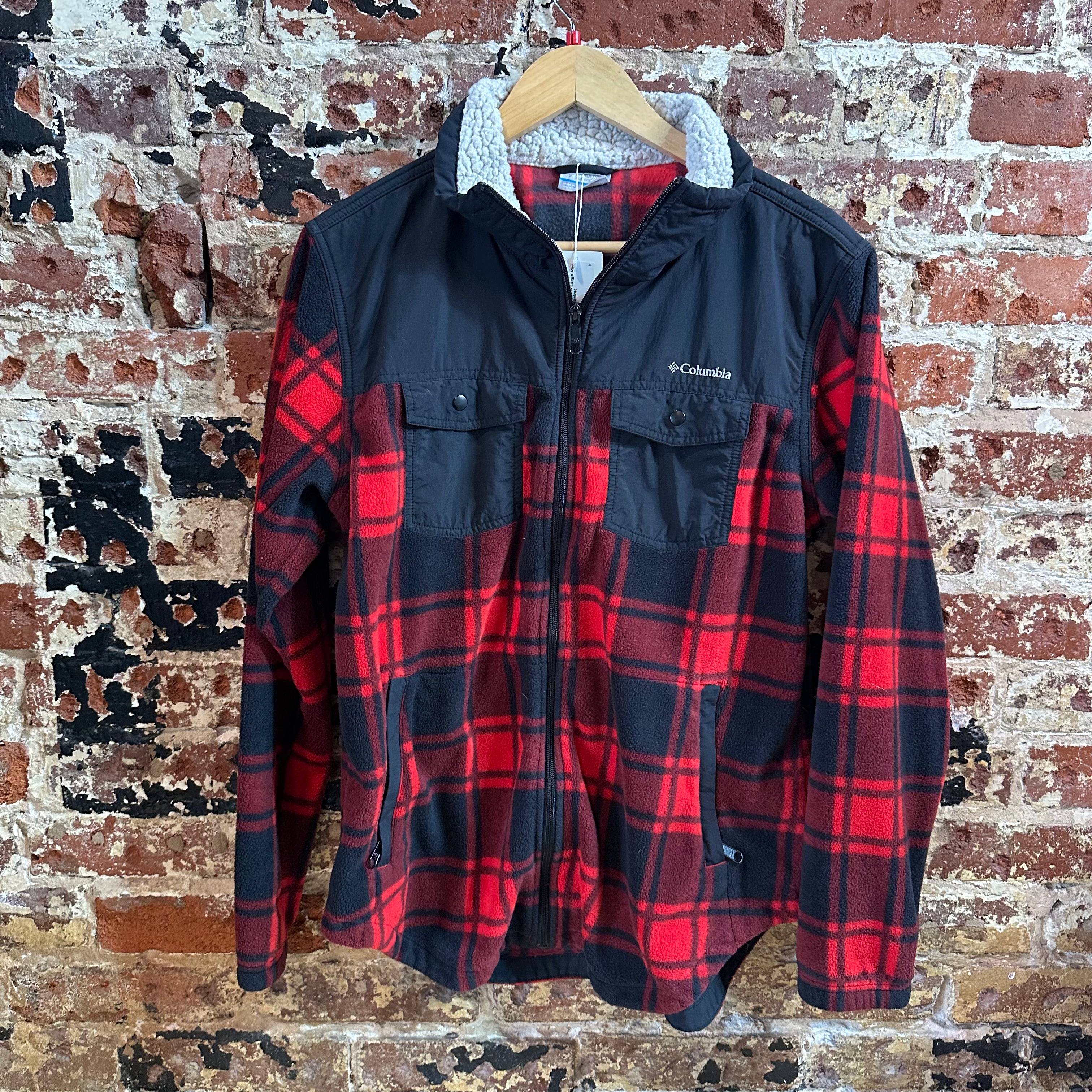 Columbia Womens Large Red Plaid Fleece Jacket