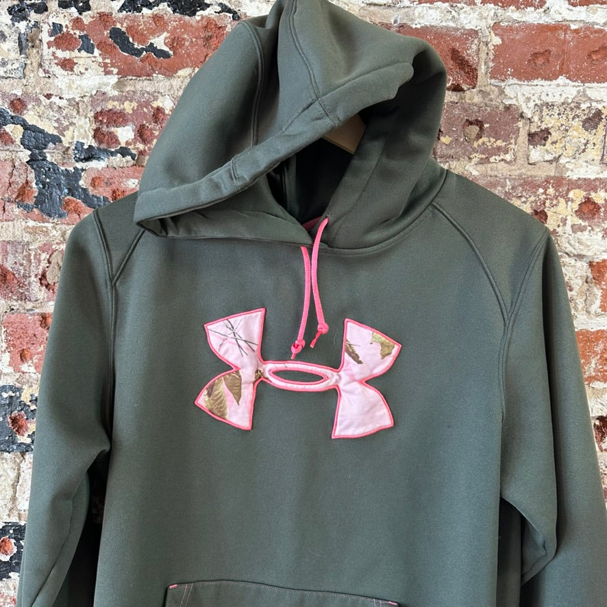 Under Armour Hoodie Womens Large Long Sleeve Pullover Green Camo Logo