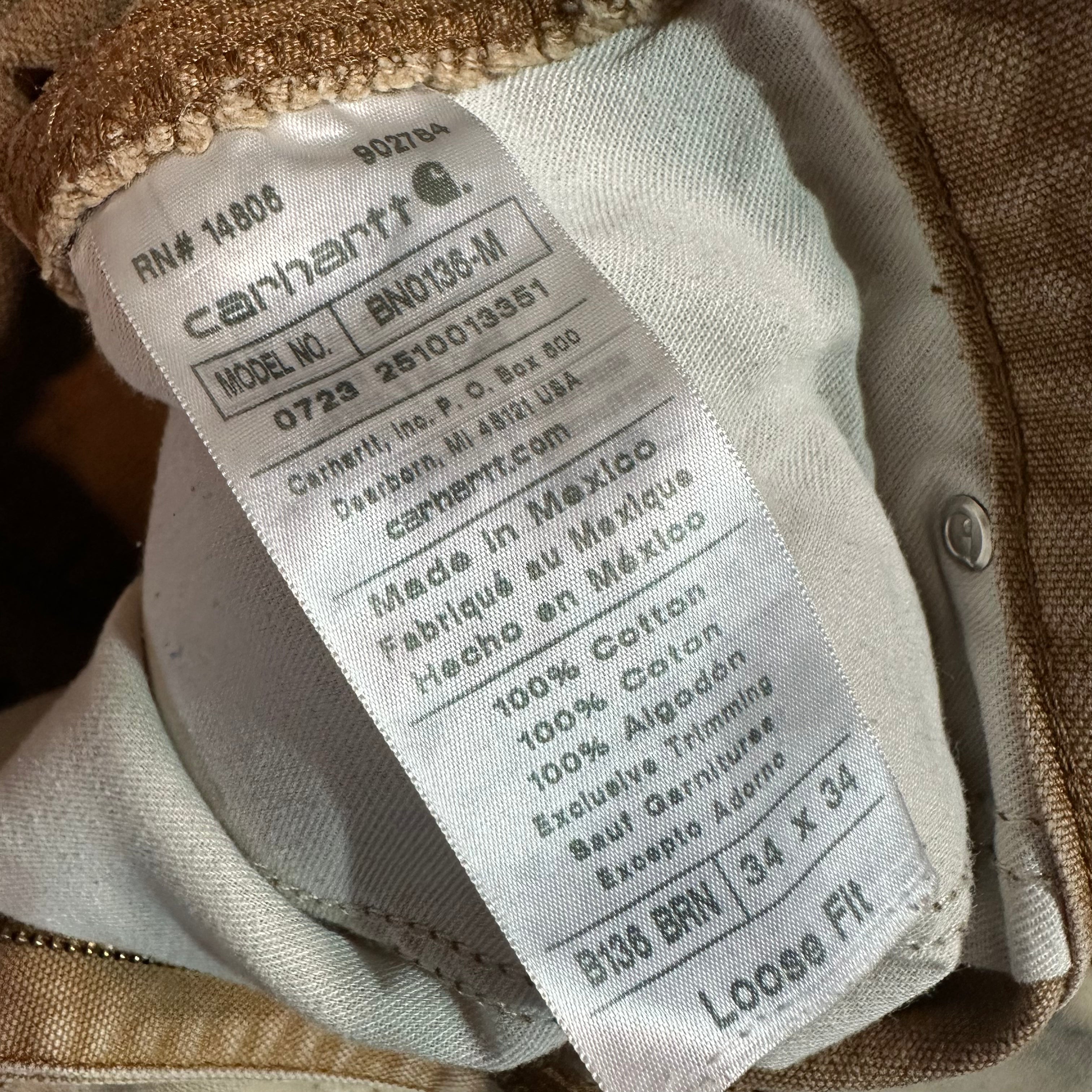 Carhartt B136 BRN Mens 34x34 Double Knee Pants