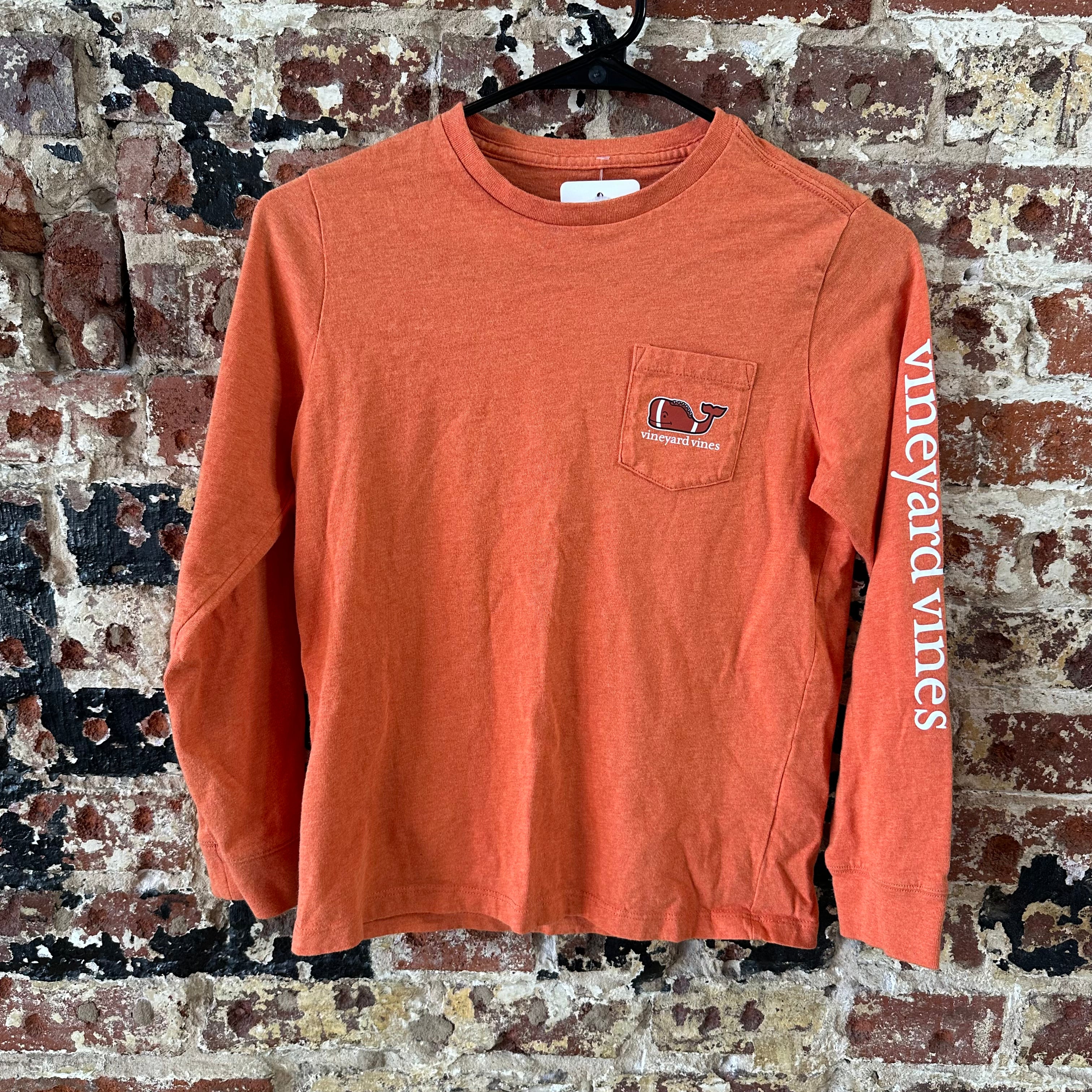 Vineyard Vines Boys Small 8-10 Logo Football Whale Long Sleeve T-shirt Orange