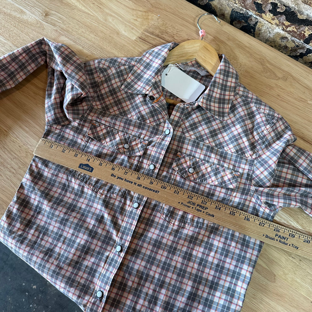 Stio Pearl Snap Button Up Shirt Women’s Size Small Pink Gray Plaid Long Sleeve
