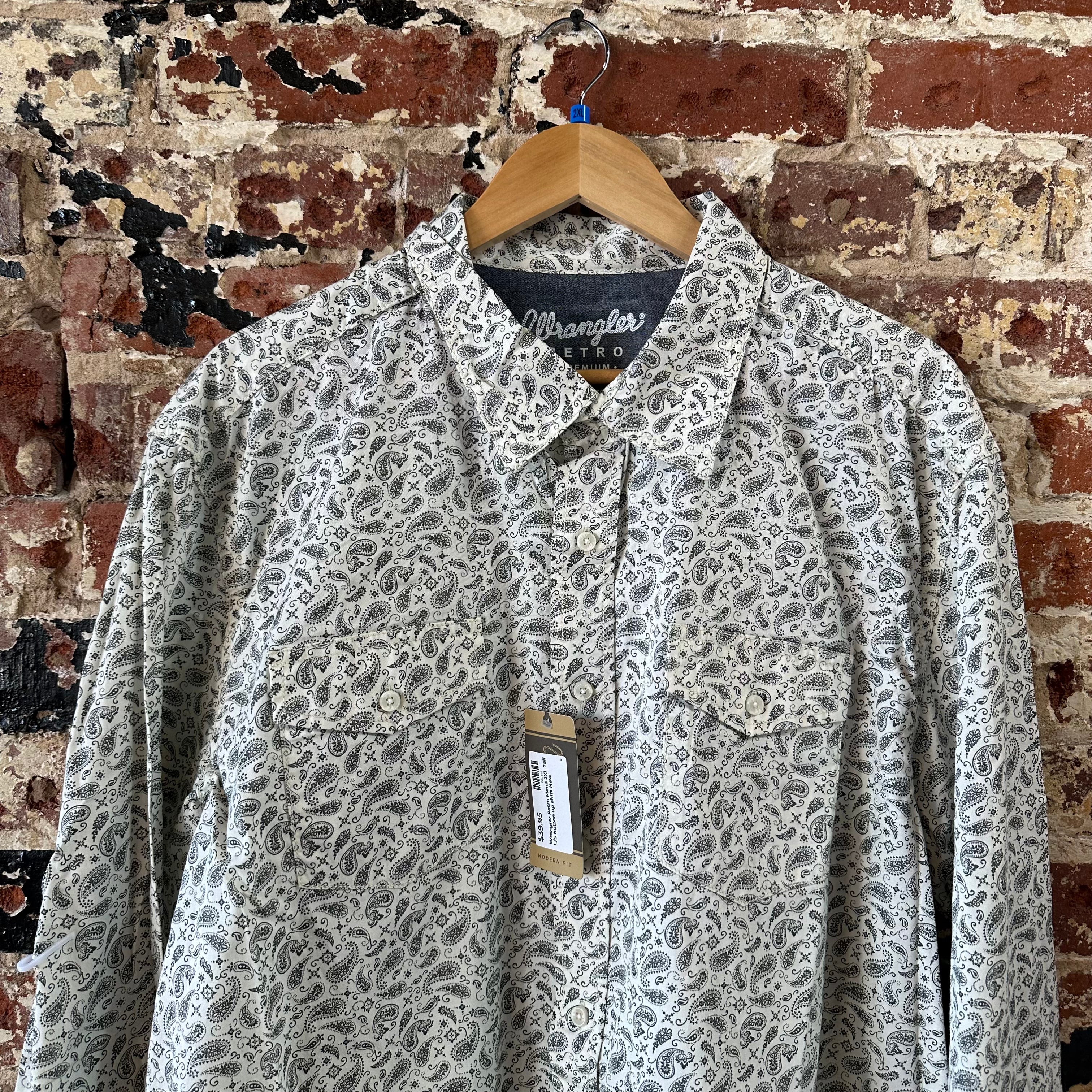 Wrangler Retro Button Up Shirt Mens 2XL Tall Pearl Snap Western Gray Paisley NEW