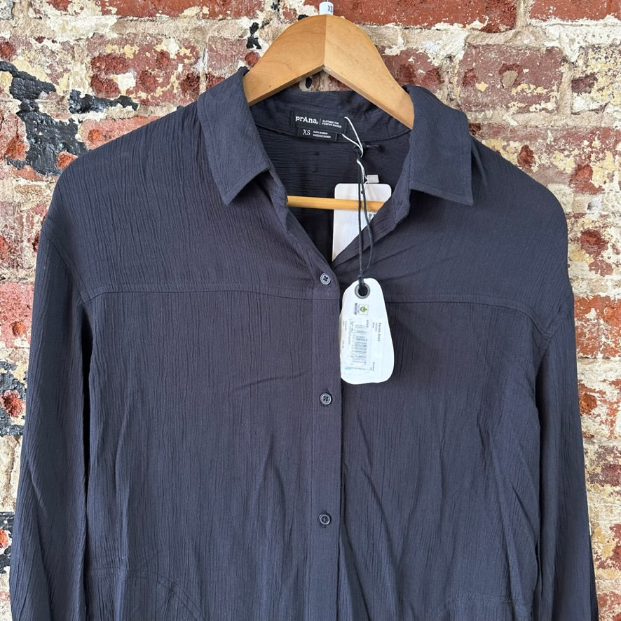 NWT PrAna Fernie Shirt Womens Small Black Crinkle Button Swim Cover Up Tunic Top