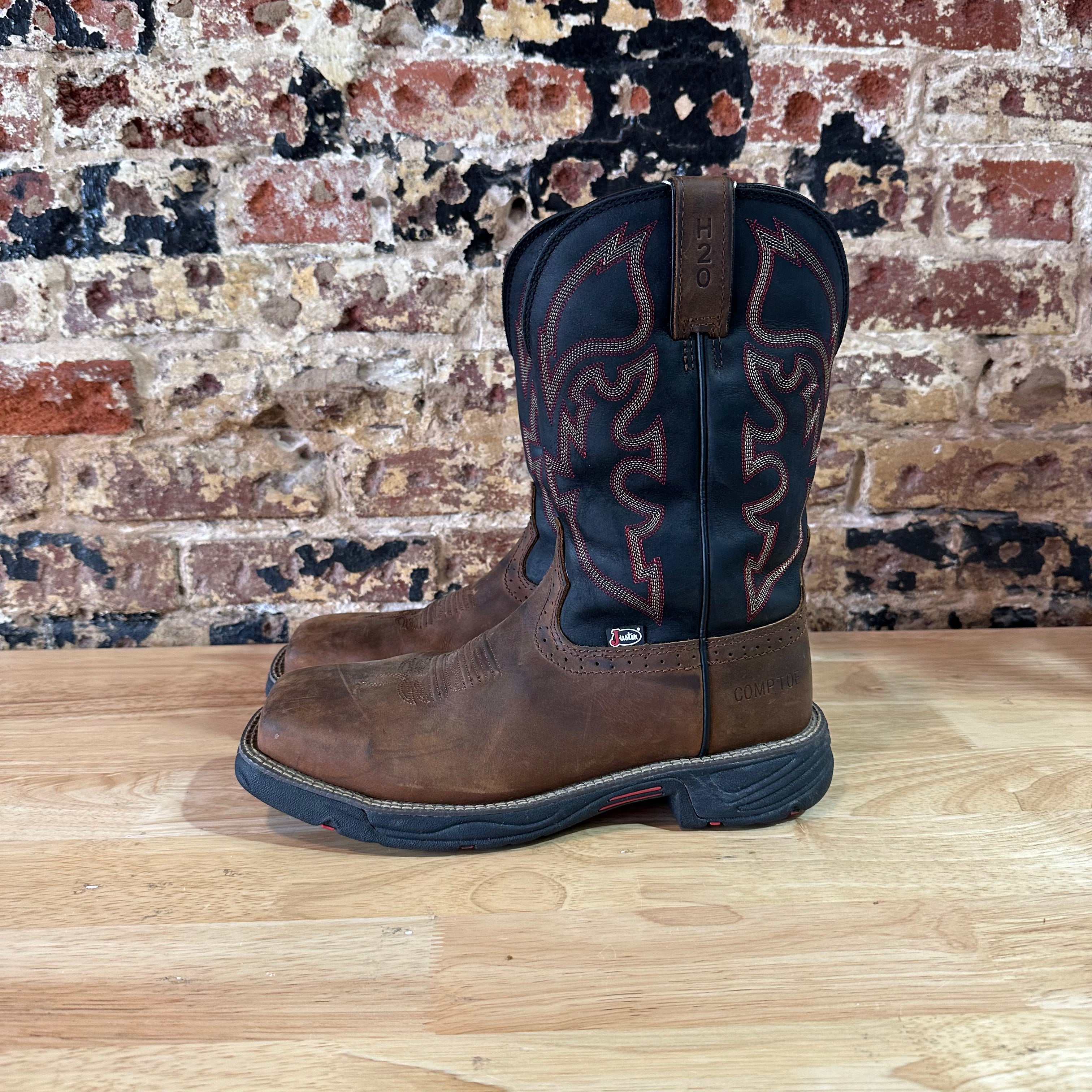 Justin WK4337 Mens Brown Black Leather Waterproof Comp Toe Work Boots Sz 10 D