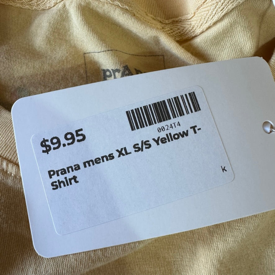 prAna Mens T-Shirt Size XL Yellow Short Sleeve Sunset Sessions So California
