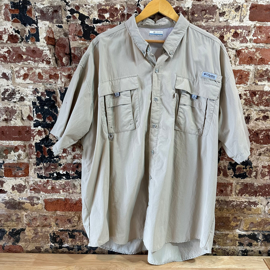 Columbia PFG Short Sleeve Outdoor Button Up Shirt Tan Mens 2XL Fishing