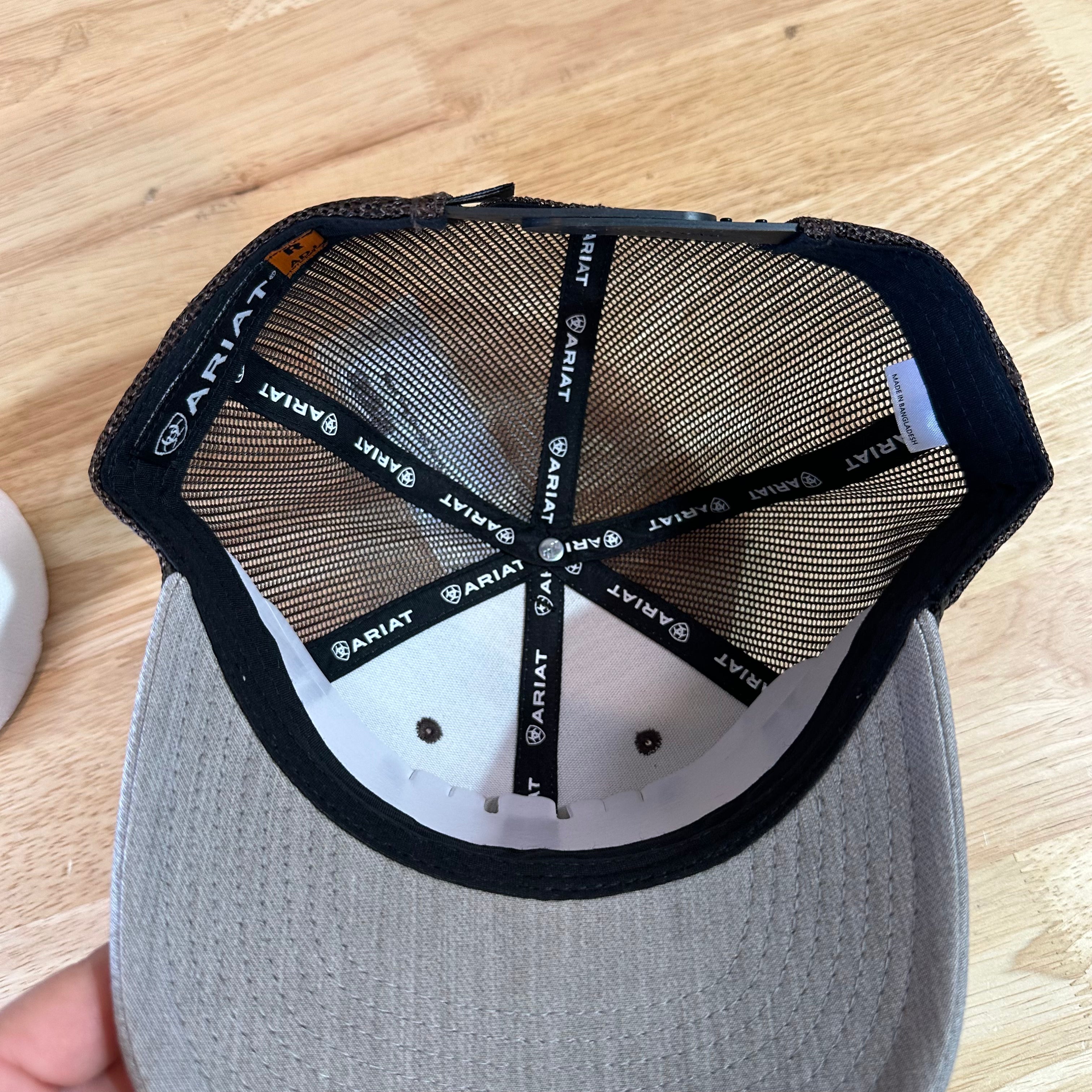 Ariat Mens Gray Brown Logo Patch Adjustable Snapback Cap Hat NEW