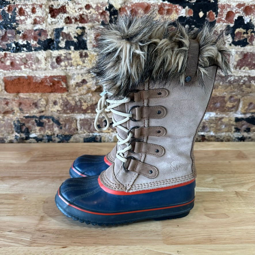 Sorel Joan Of Arctic Faux Fur Trimmed Leather Lace Up Boots Size 7 Tan Blue