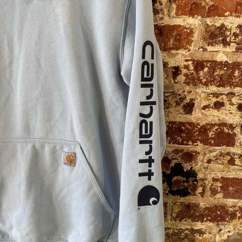 Carhartt Men's Small Sleeve Logo Hoodie Loose Fit Workwear Blue K288