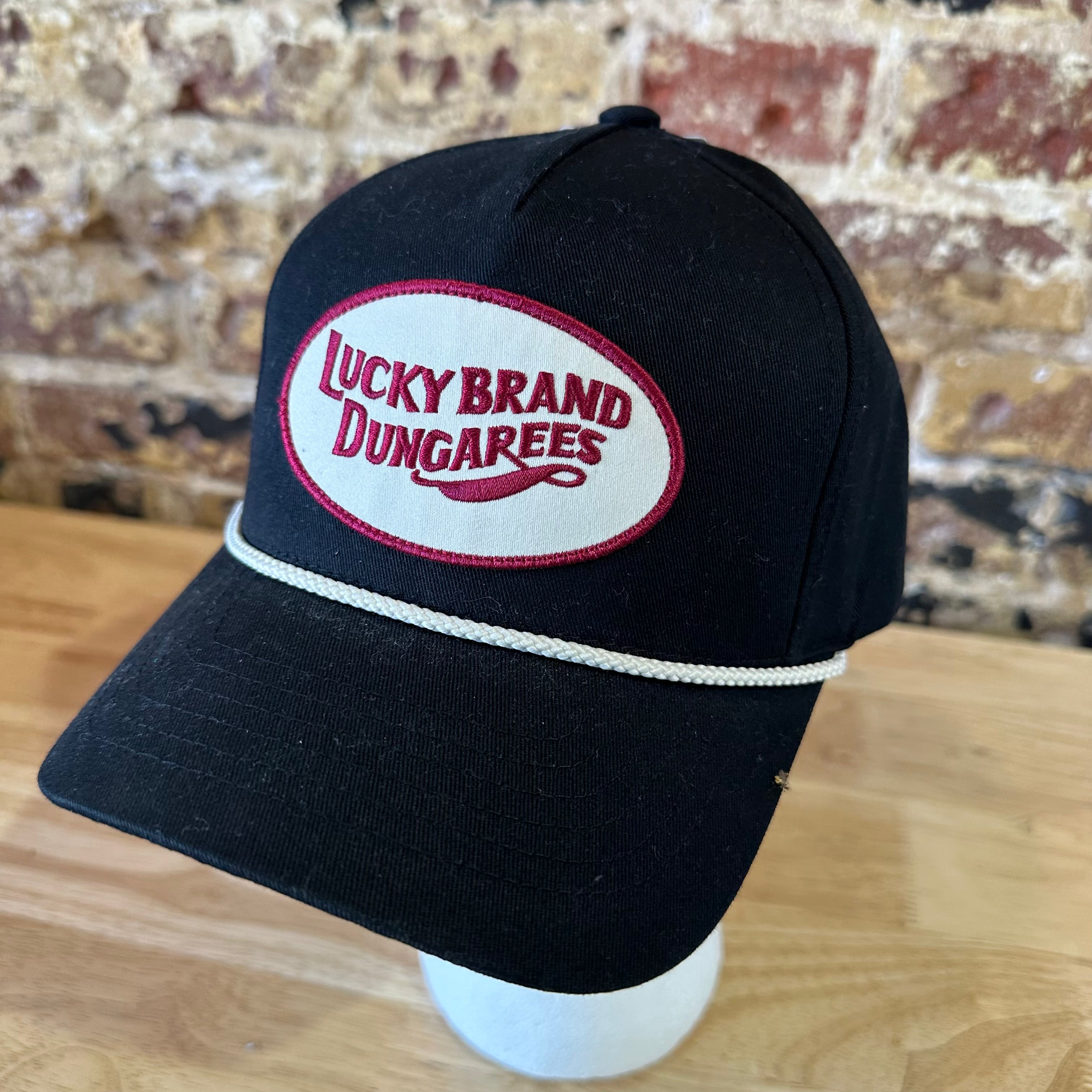 Lucky Brand Dungarees baseball Hat SnapBack black logo patch rope detail NEW