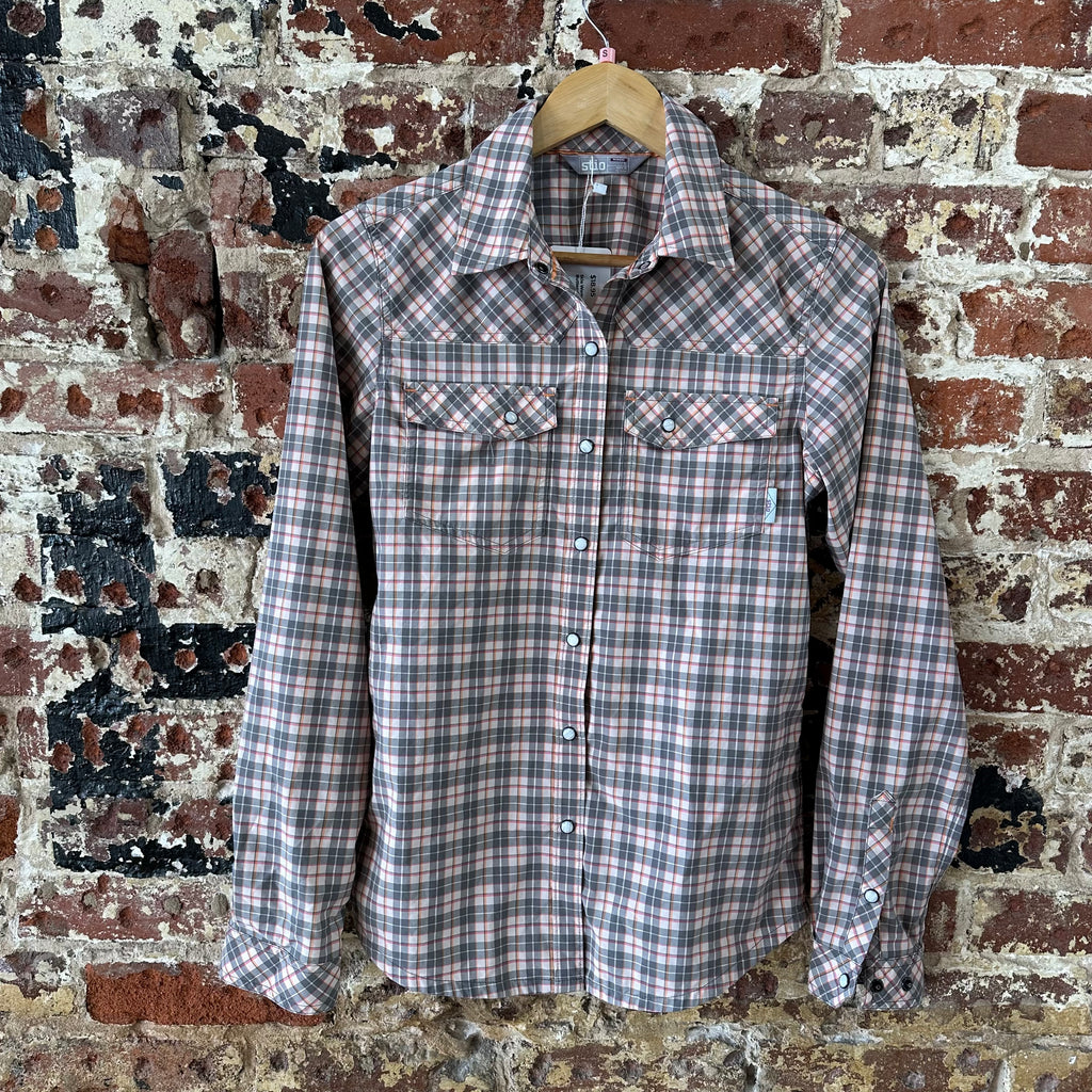 Stio Pearl Snap Button Up Shirt Women’s Size Small Pink Gray Plaid Long Sleeve