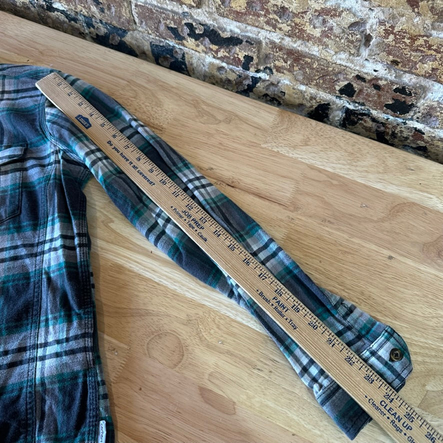 Carhartt Womens Small Button Up Flannel Shirt Gray Green Plaid long sleeve