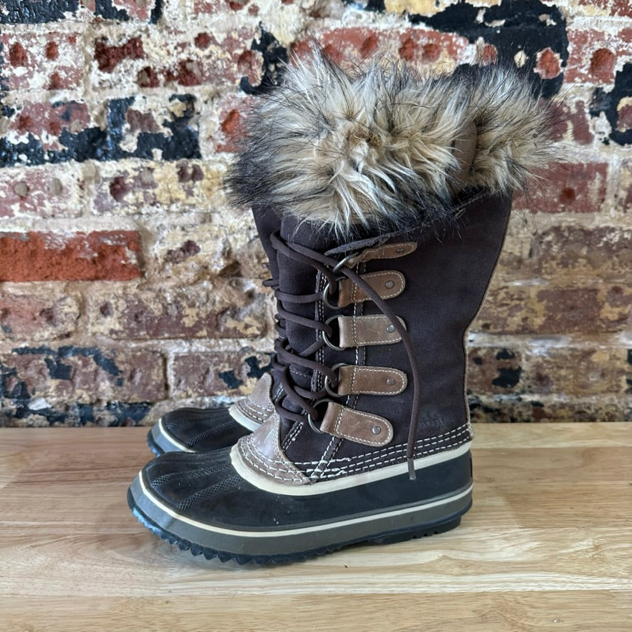 Sorel Joan Of Arctic Faux Fur Trimmed Leather Lace Up Boots Size 7 Brown
