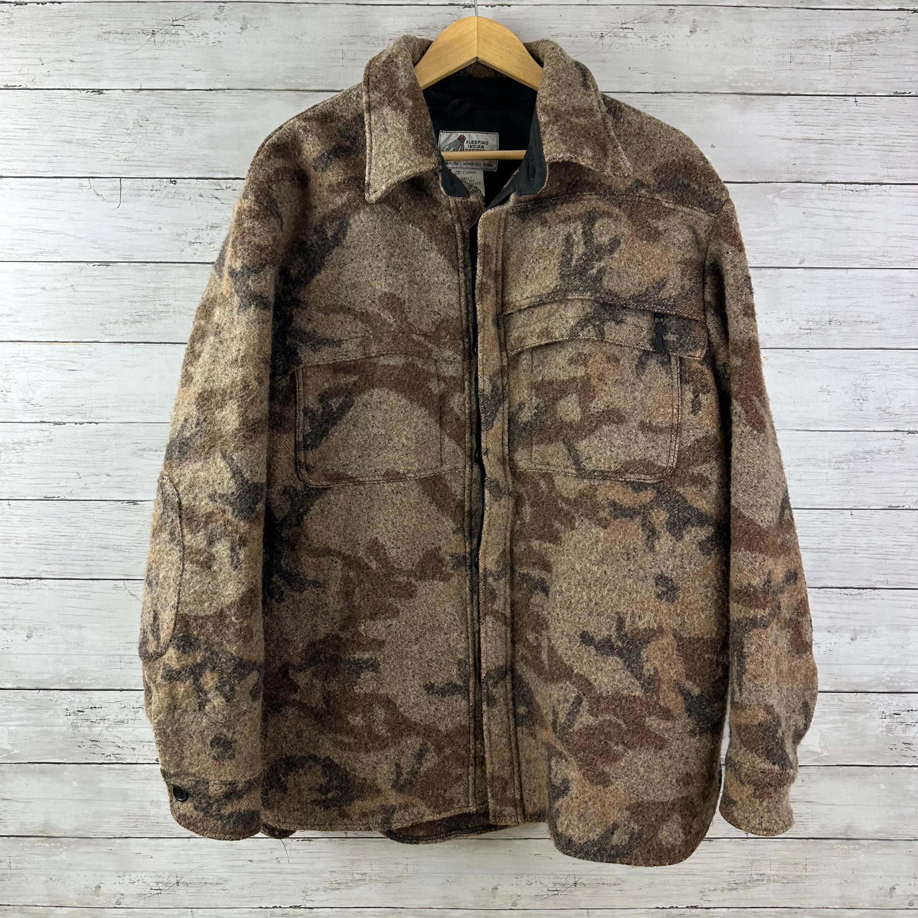 Vintage Sleeping Indian Designs Wool Camo Zip Up Jacket Made In USA Sz 2XL