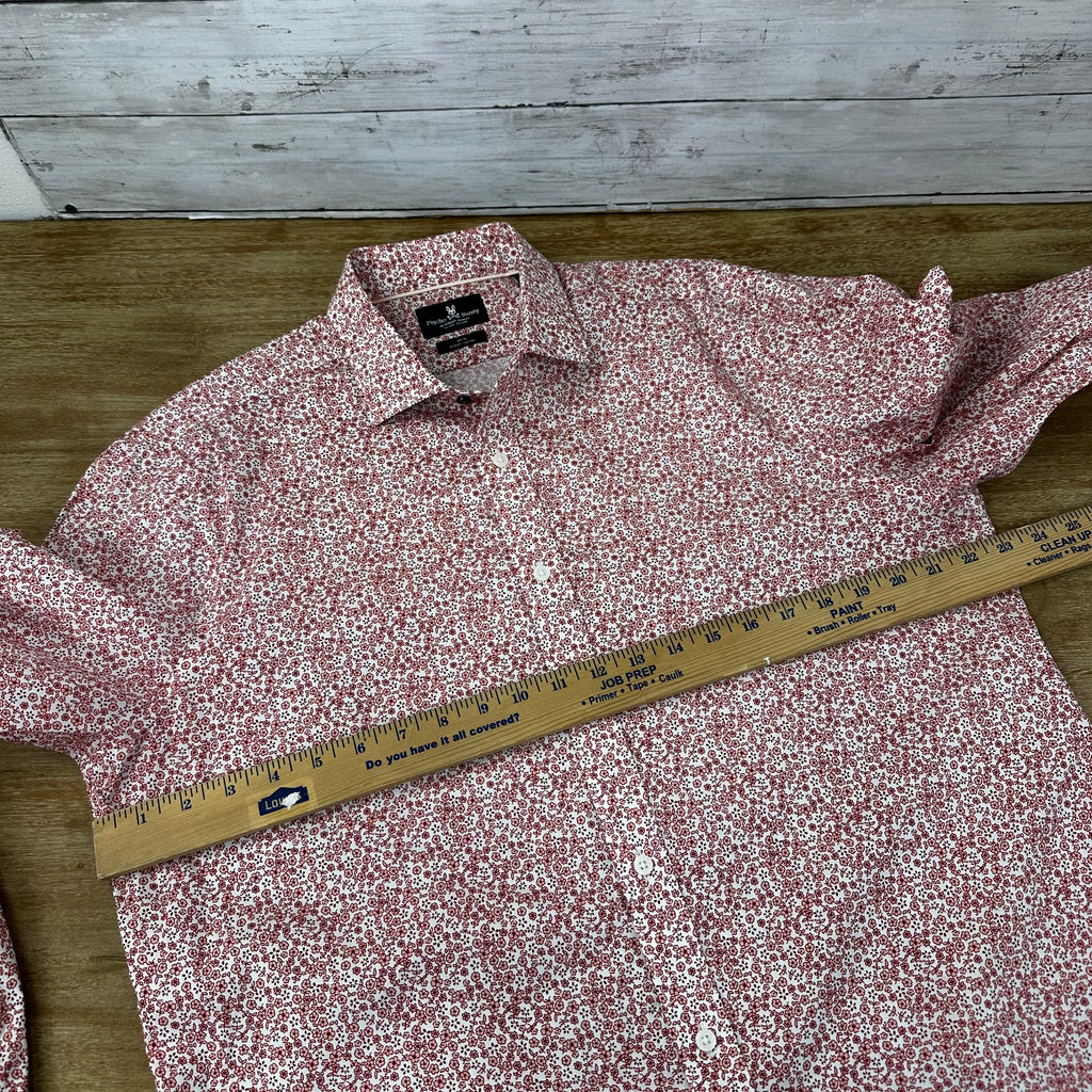 Psycho Bunny Shirt Mens 16.5 34/35 Red White Floral Stretch Slim Fit Button Up