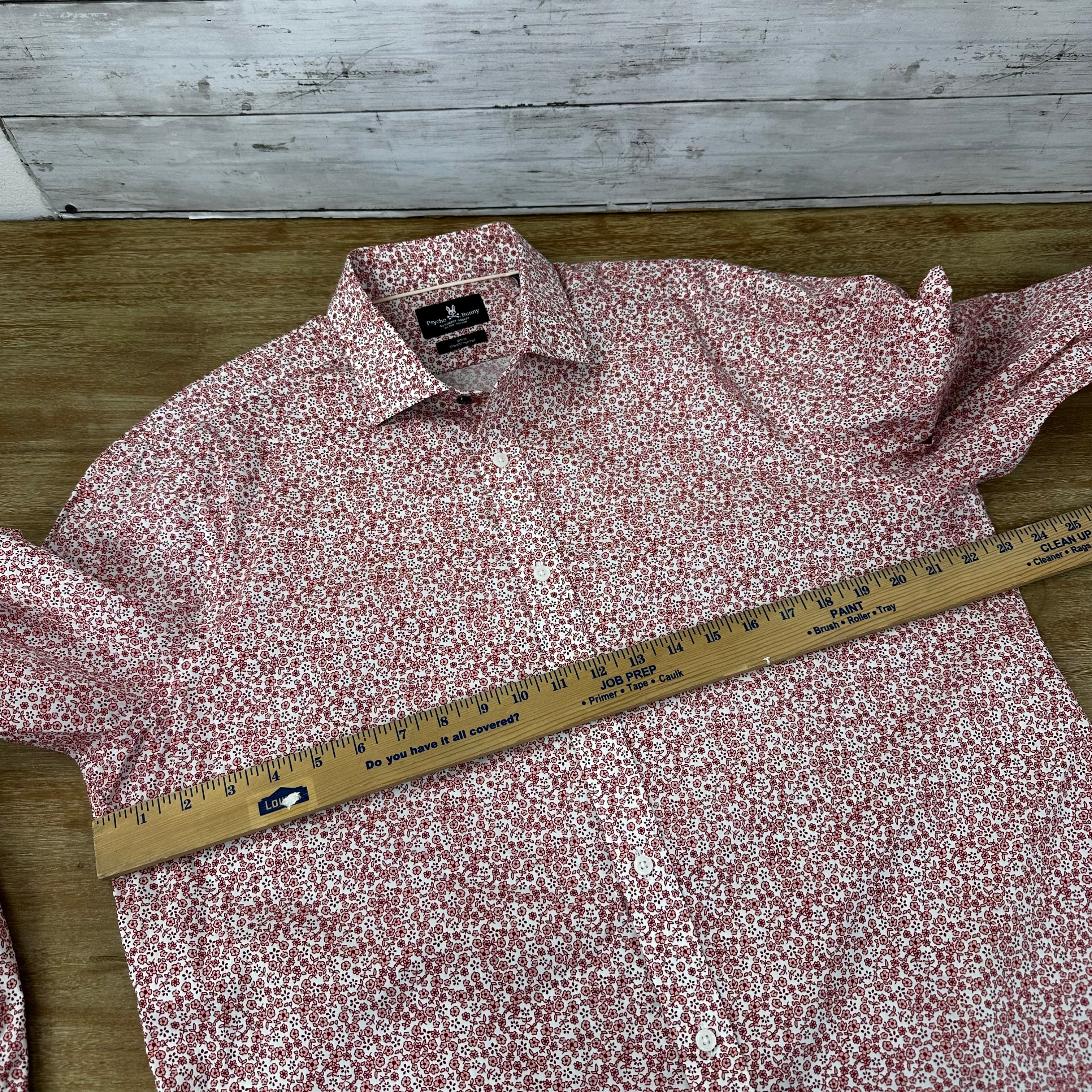 Psycho Bunny Shirt Mens 16.5 34/35 Red White Floral Stretch Slim Fit Button Up