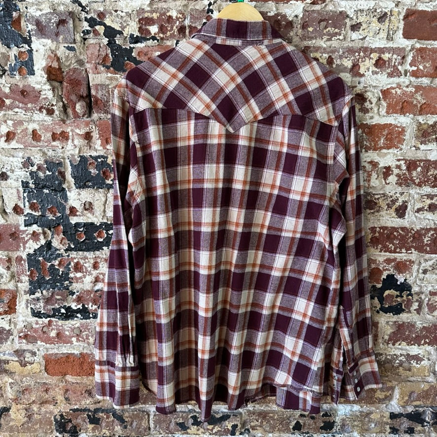 Wrangler Flannel Shirt Mens XL Pearl Snap Button Long Sleeve Brown Plaid