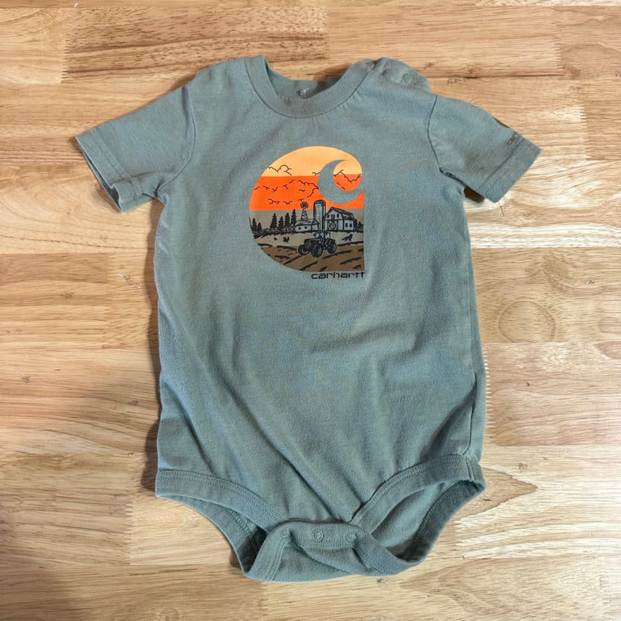 Carhartt Short Sleeve Green Bodysuit one piece Cotton Boys 18M Logo Farm