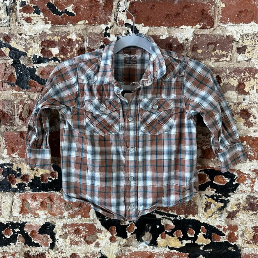 Wrangler Button Up Plaid Pearl Snap long Sleeve Shirt 24M western brown plaid