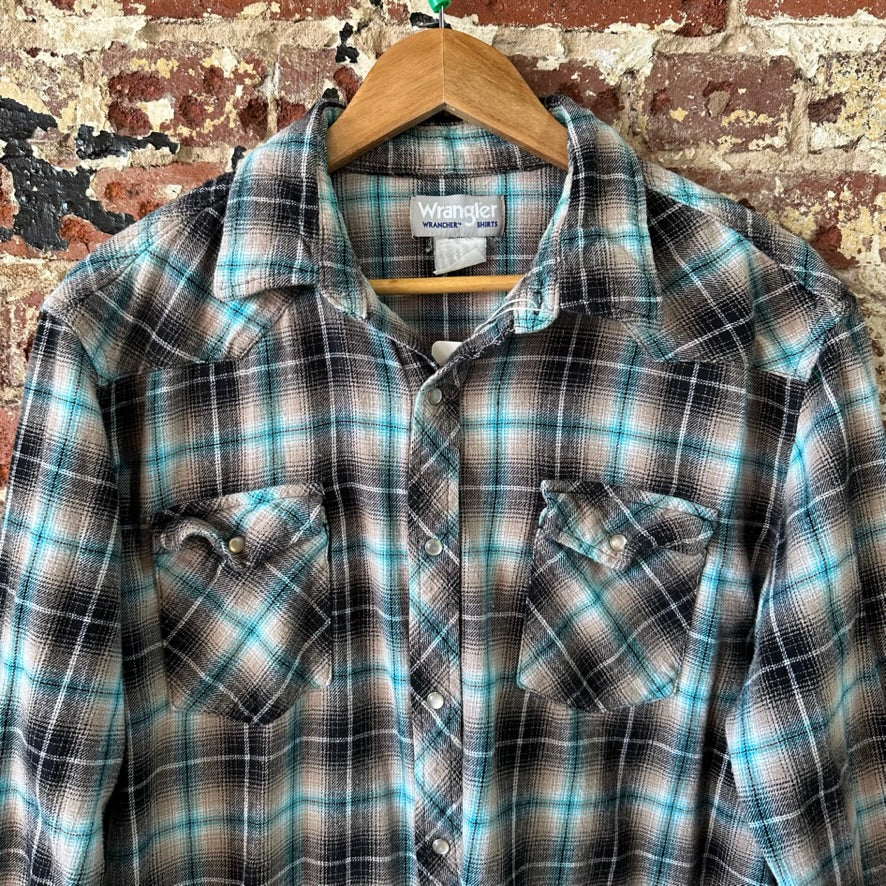 Wrangler Wrancher Flannel Shirt Mens XL Pearl Snap Button Long Sleeve Plaid